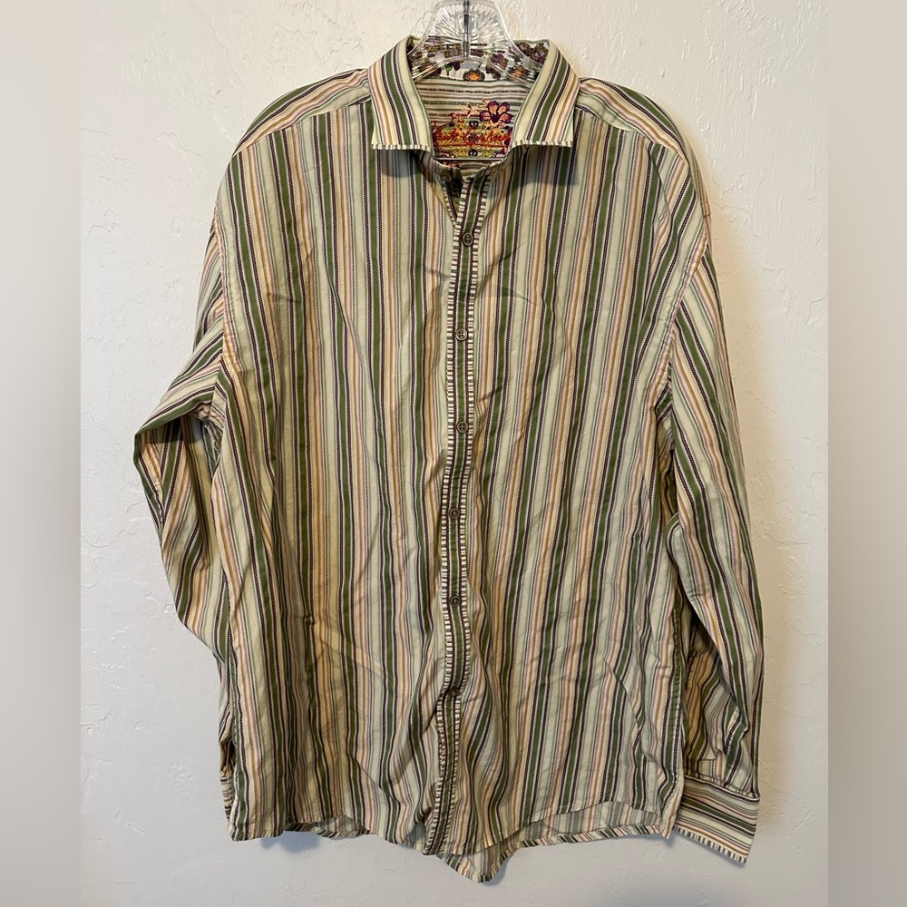 Robert Graham Flip Cuff Button Dress Shirt Striped Green Long Sleeve Size 2XL